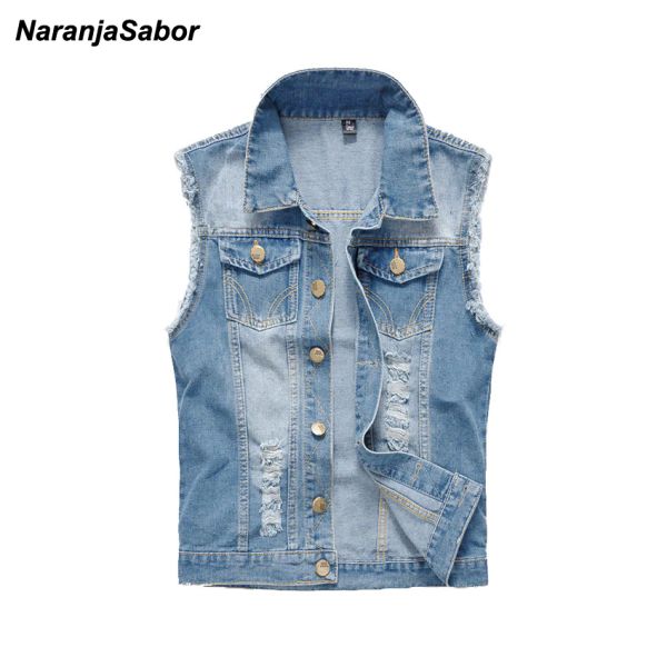 

mens clothing spring men's denim vests ripped sleeveless jeans coat male waistcoats tank mens jacket 6xl men's outerwear, Black;white