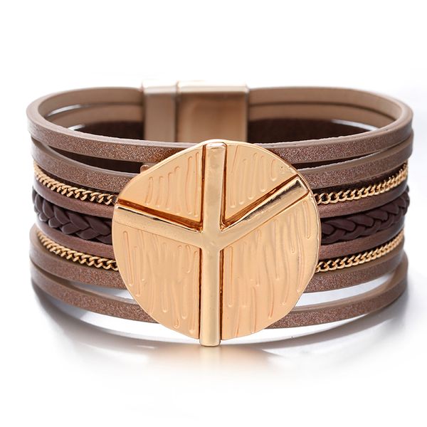 

tennis allyes peace symbol leather bracelets for women fashion magnetic clasp multilayer weave wide bracelet female jewelry gift, Golden;silver