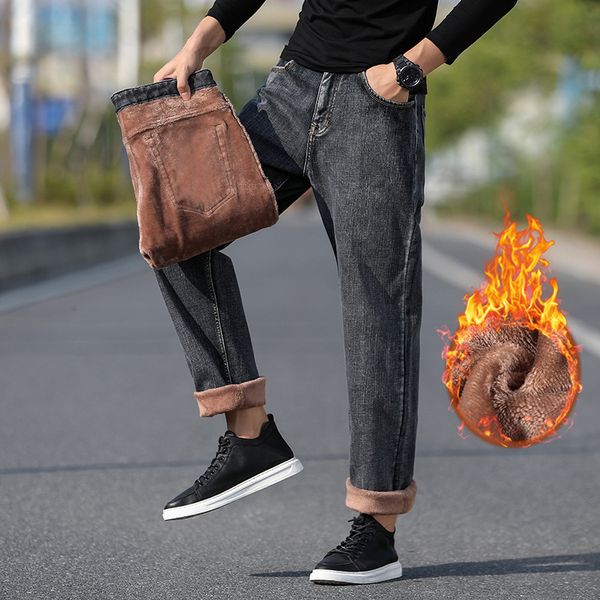 

2020 winter men jeans thicken warm fleece fashion casual stretch denim retro classic loose fashion gray pants big size 44,046r, Blue