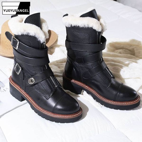 

зима женщины коровья из натуральной кожи ботильонов марки пряжка high top shearling байкер обувь zipper толстой шерсть подкладка снег сапоги, Black