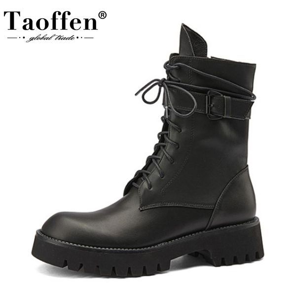 

taoffen real leather women ankle boots flats roundtoe lace up shoes metal decoration winter boots party footwear size 33-40, Black