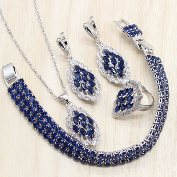 

magic blue stones silver color jewelry sets women necklace bracelets pendant wedding rings earrings jewelery gift box
