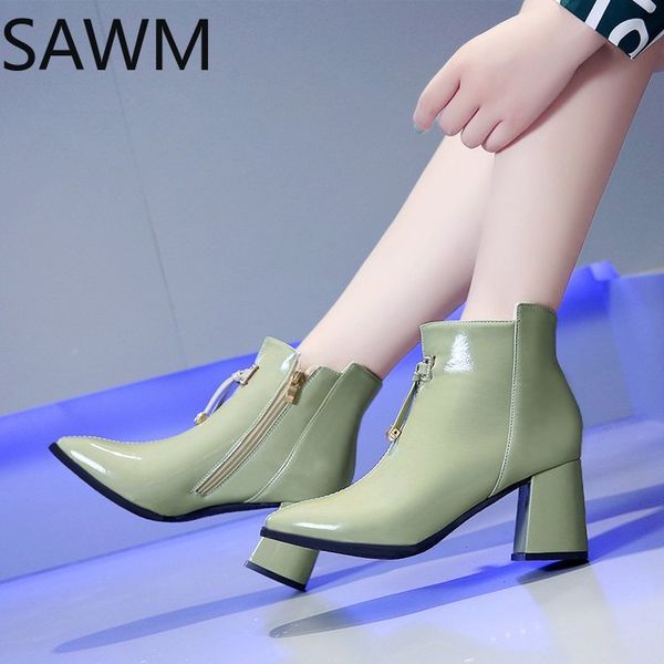 

2020 green women boots autumn thick high heel ankle bootes fashion dress pointed toe lady booties pumps wbs103, Black