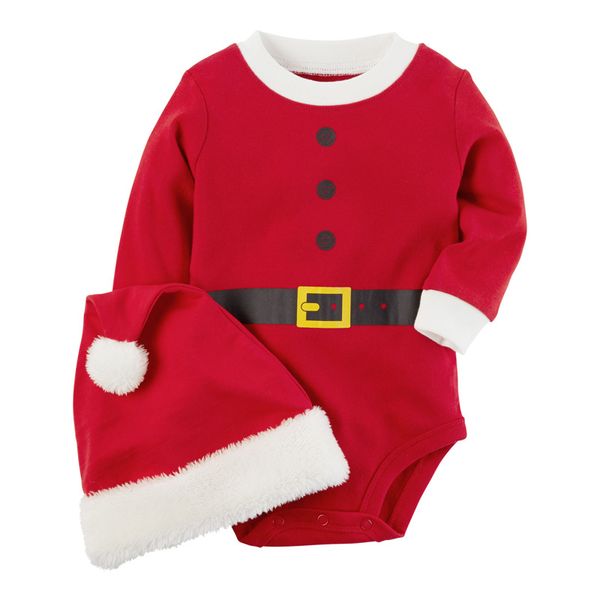 

2 pcs baby boy and girl christmas bodysuit round neck long sleeve red jumpsuit, plush santa claus hat with hairball winter 2020, Blue
