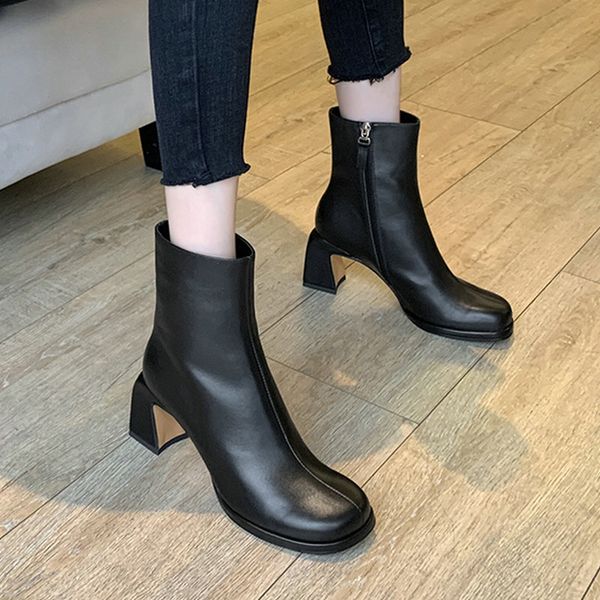 

eshtonshero shoes winter woman ankle boots leather flock zipper square high heel round toe ladies motorcycle work boots size 3-8, Black