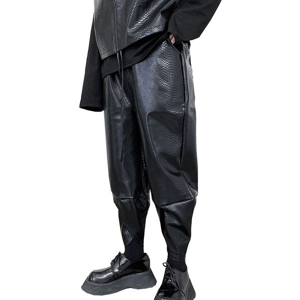 

male streetwear hip hop punk gothic harem pant men snakeskin pattern casual ankle-length leather pant, Black