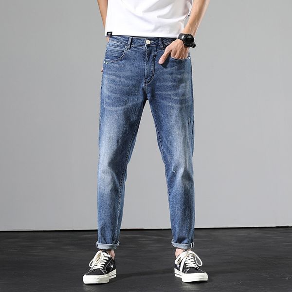 

2020 весной и летом новые джинсы моды и джинсы мужских молодежи середины талия разорвали прямые брюки простого asemd, Blue