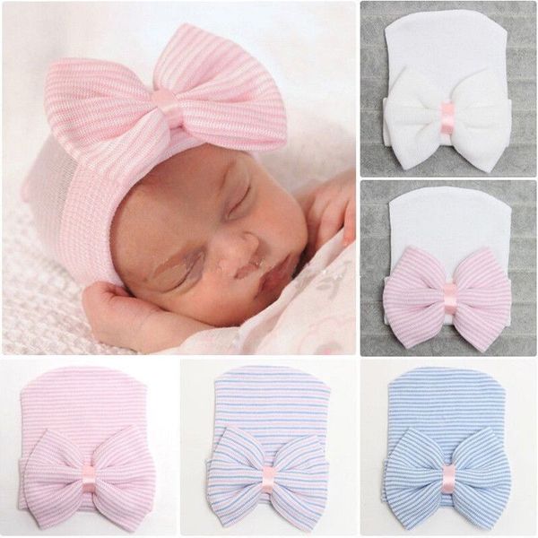 

emmababy newborn baby girls striped headband headwear toddler soft beanie hat with bow kg-272, Slivery;white