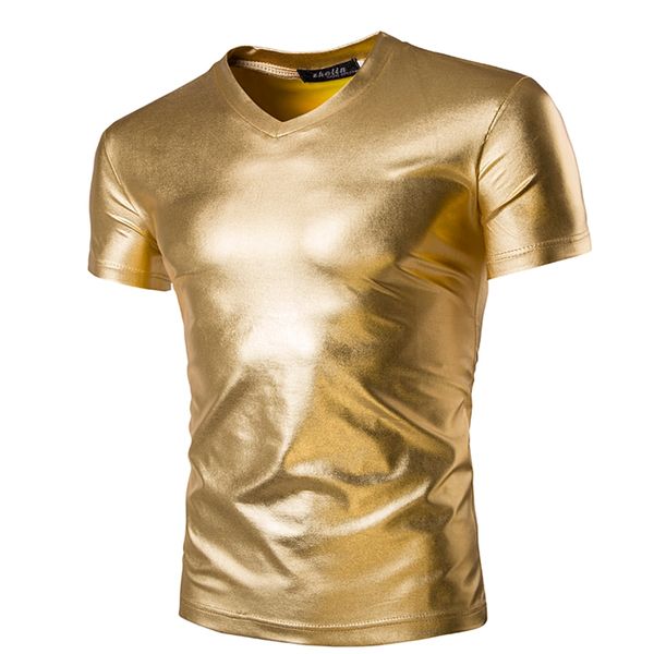 Moda Erkekler Rahat Tops T-shirt Kısa Kollu V Yaka Slim Fit Shining Shirt Üst Gömlek Islak Bak Tee Streç Gömlek Metalik Parlak