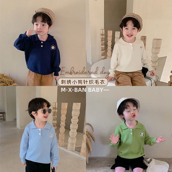 

children clothing baby boys embroidered lapel autumn baby korean sweater, Blue