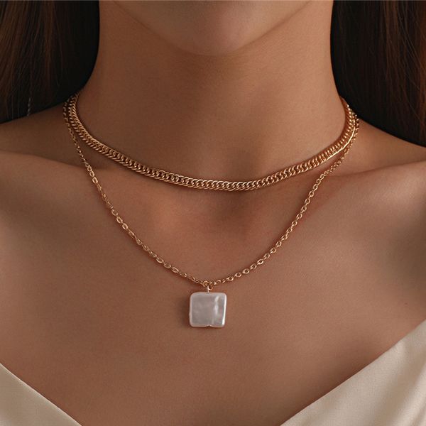 

pendant necklaces vintage imitation pearl necklace cute girl gold color layered chain for women kpop geometric choker jewelry, Silver