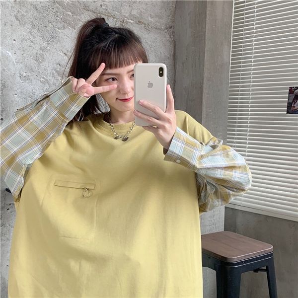 

fake two-piece waitmore plaid coat sweater coatsweater women's loose korean style trendy ins lazy style bf thin coat autumn iiahw, Black