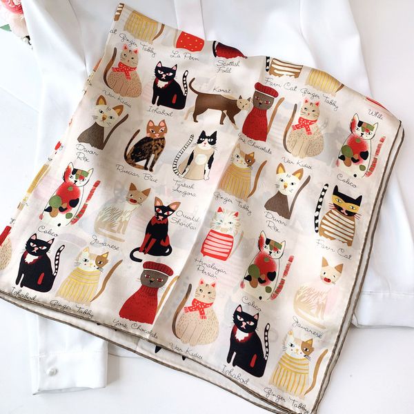 

cat scarf square bandana twill silk hand rolled edges 90*90cm neck head scarves rings headband, Blue;gray