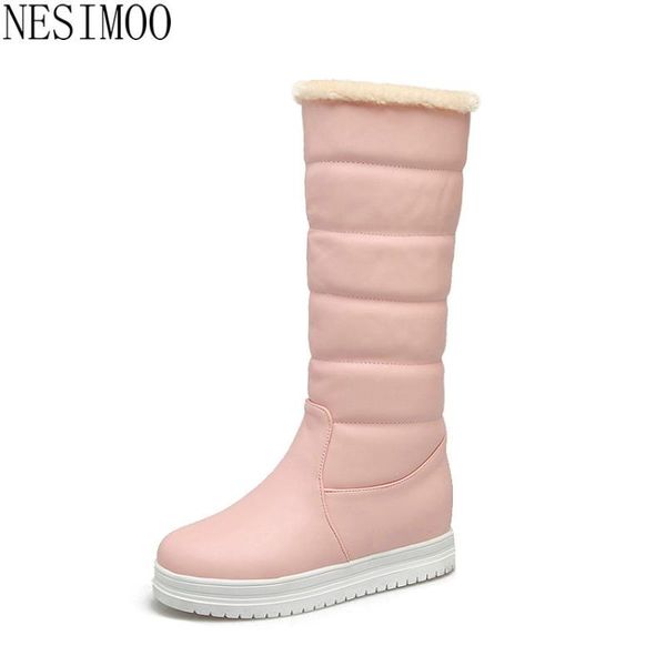

nesimoo 2021 wedge heel casual slip on women shoes keep warm round toe snow boots pu leather winter mid calf boots big size34-43, Black