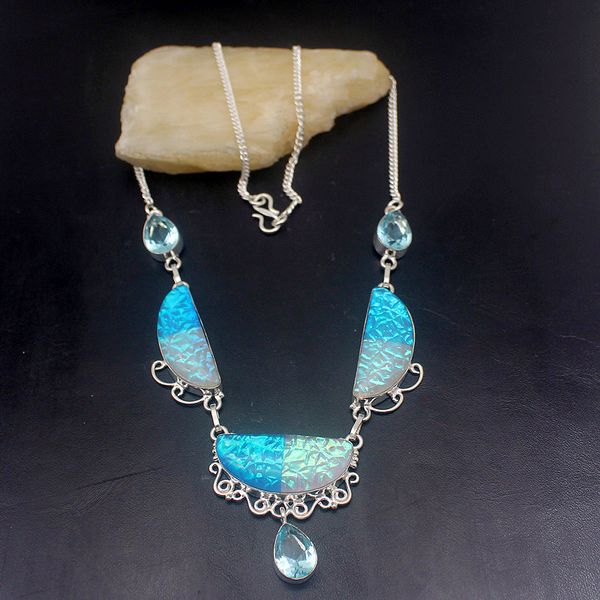 

pendant necklaces elegant charms blue dichroic glass zz silver color women necklace chain 19 inch hd219