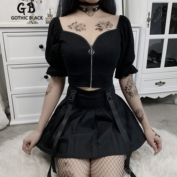 

gothblack streetwear slim backless crop gothic women square collar puff sleeve splice zip short t-shirt 2020 new, White