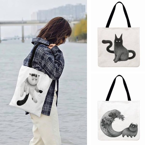 

ladies shoulder bag big stupid cat print tote bag black and white pencil drawing casual tote shopping outdoor beach bags