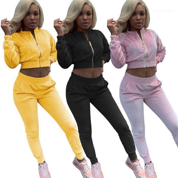 

fly with pencil pants sets women sport solid suits womens 2pcs korean velvet tracksuits winter woman fashion zipper, White