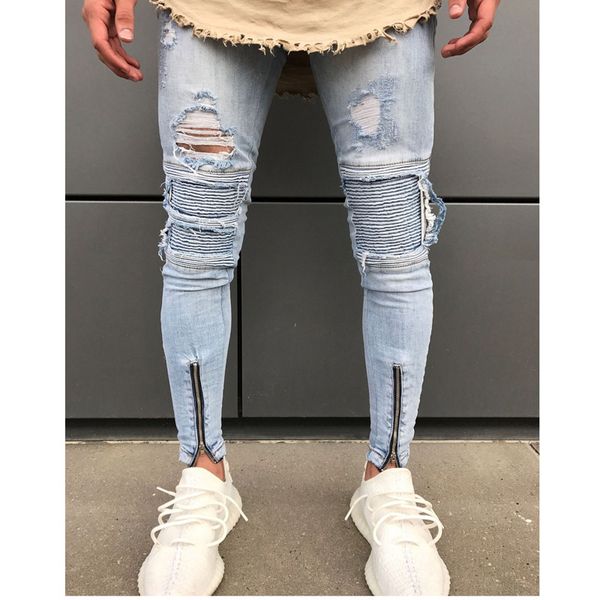 

fashion 2020 spring autumn casual locomotive pleated ripped hole leg biker fold zipper jeans masculina streetwear pencil pants, Blue
