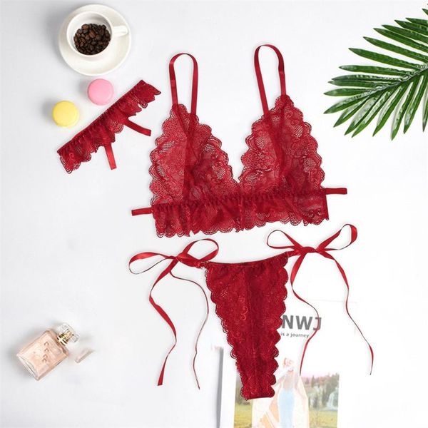 

bras sets women's lingerie bra set erotic underwear elastic band slim lace seamless bras+thong+leg wrappings camisole femme 3pcs, Red;black