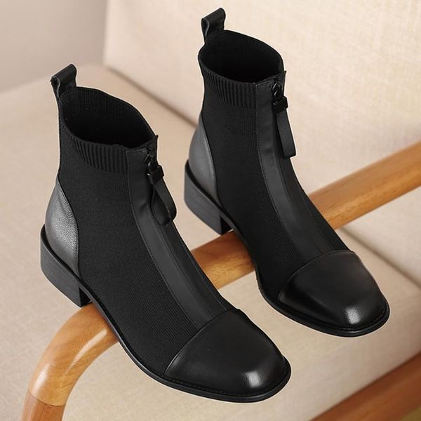 

women's genuine leather stretch knit patchwork slip-on flats ankle boots zip decoration soft comfort autumn short booties shoes, Black