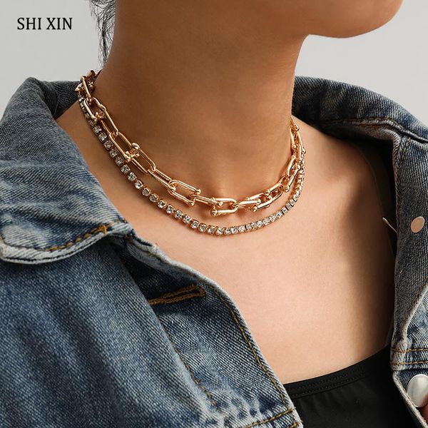 

shixin double layer u shaped chain cross crystal necklace for women/men hip hop chunky choker necklaces short rhinestones collar, Golden;silver