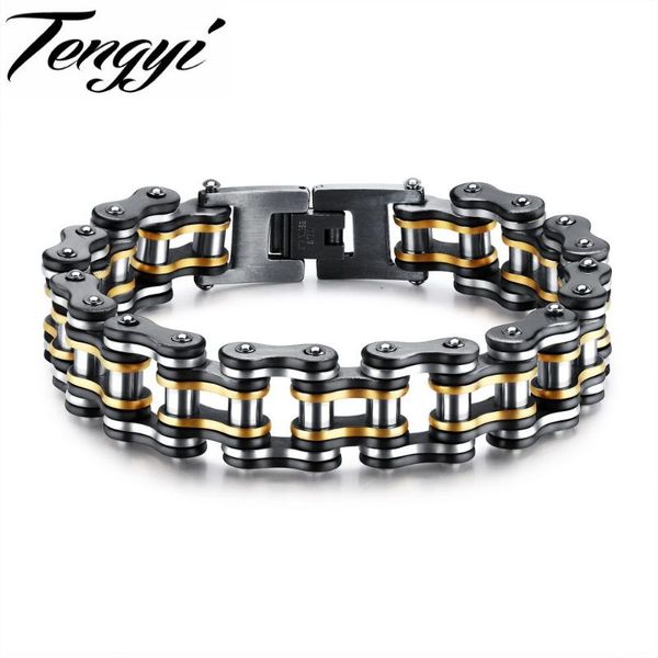 

tengyi motorcycle chain bracelet men biker stainless steel 15mm bid wide bracelet 205mm length adjustable jewelry gs877, Black