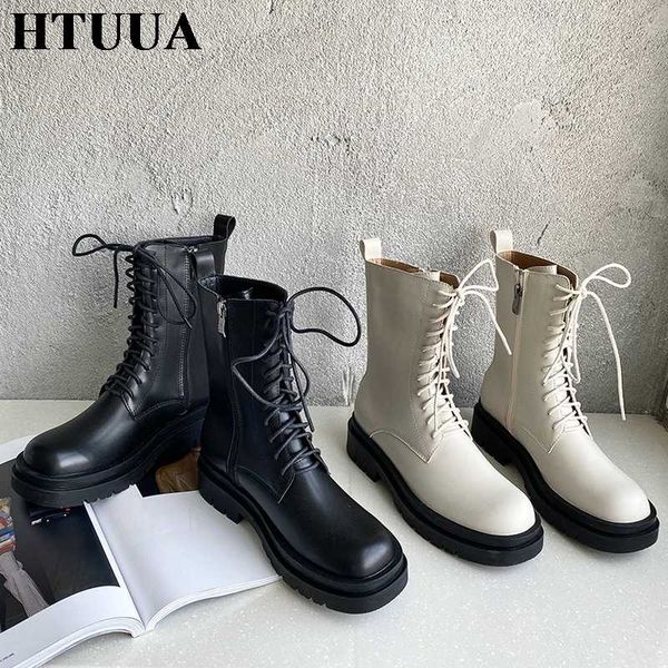 

htuua 2021 новая коренастый платформа boots женщины осень зима lace-up короткие ботильоны женская обувь плоский каблук sx4296, Black