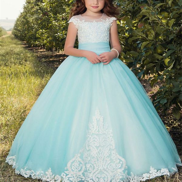 

girl's dresses blue lace applique romantic puffy flower girl for weddings tulle gown partys birthday communion pageant, Red;yellow