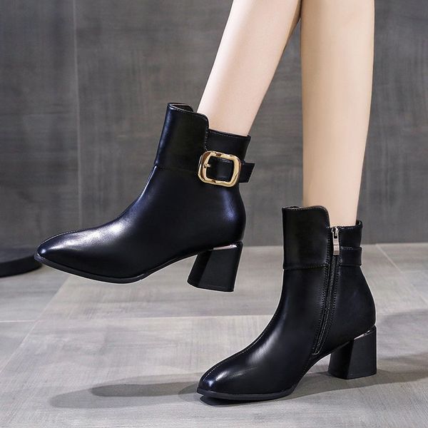

women ankle boots 2020 winter autumn high heels dress shoes chunky booties black buckle fashion ladies shoes botas mujer 8626l