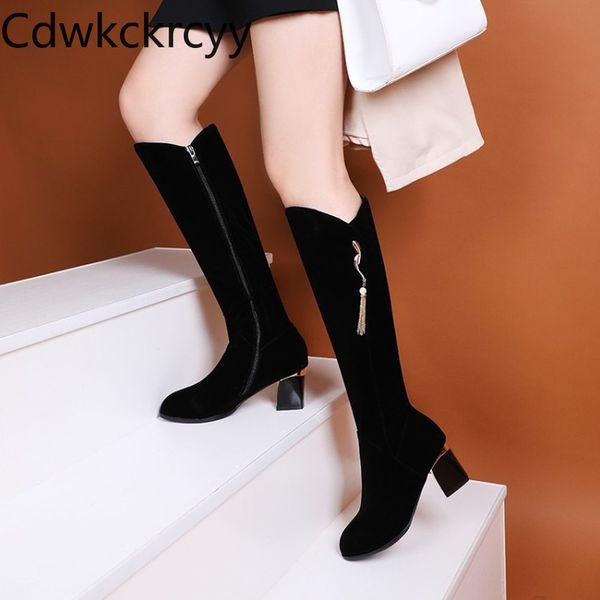 

winter the new fashion suede round head side zipper knight boots tassel plus velvet keep warm high heel women boots size 34-43, Black