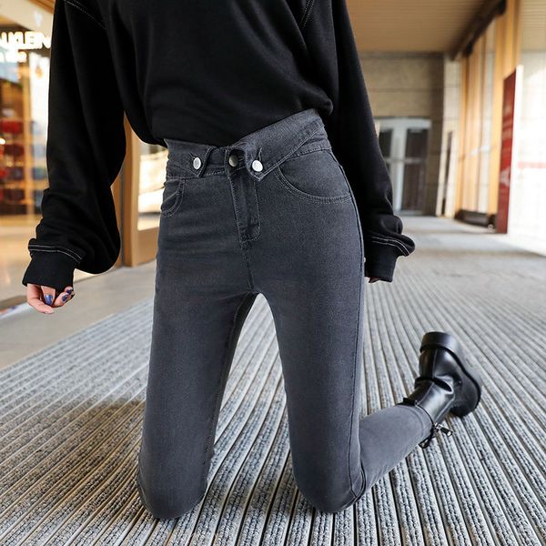 

2020 jeans female high waist korean students slim skinny feet pencil pants plus velvet, Blue