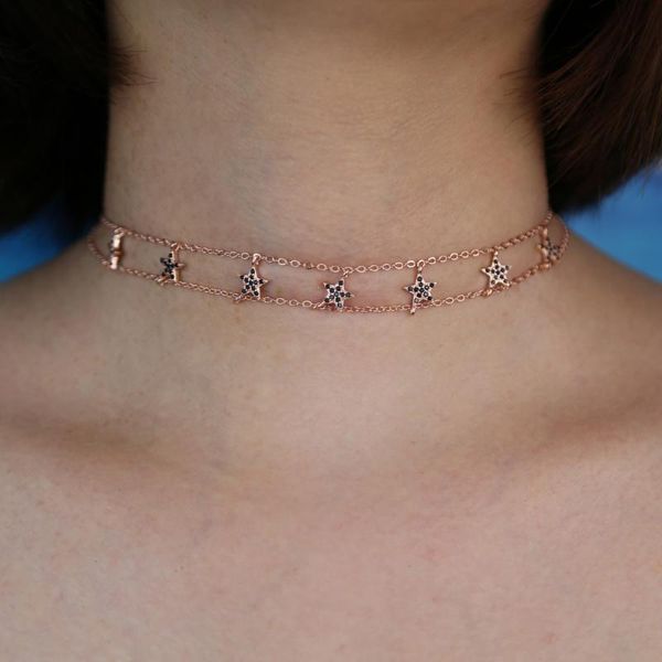 

pendant necklaces 2 colors double layer link choker necklace with black stars for women summer party wedding wholesale jewelry dainty gift, Silver