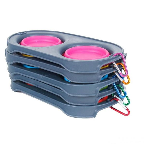 

new solid foldable double dog bowls anti-slip silicone feeding bowls for outdoor travel portable collapsible bpa double bowls