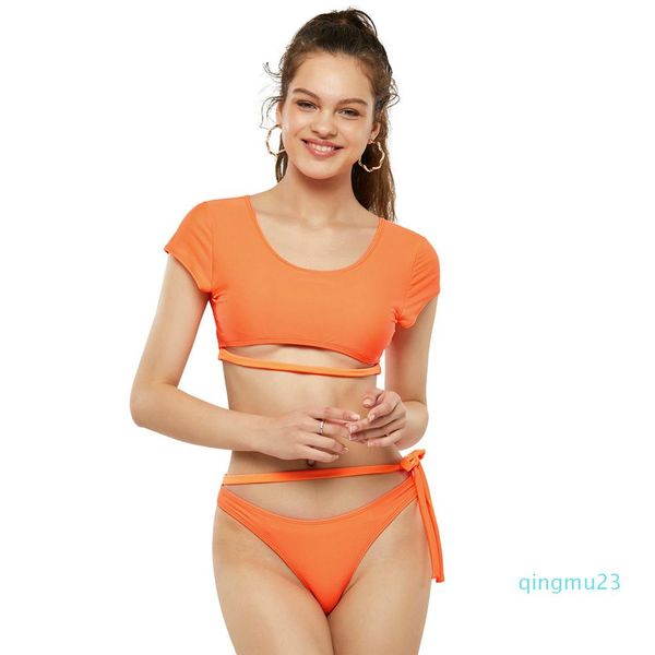 

european and american split female swimwear new open-back solid color short-sleeved open-back lace-up triangle bikini summer seaside tw