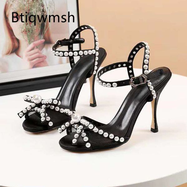 

2020 butterfly gladiator sandals woman peep toe pearl strange high heel shoes women satin party shoes, Black