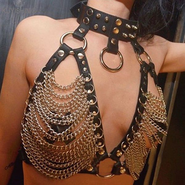 

punk women handcrafted o ring leather caged bra harness with metal chain waist cincher heavy duty halter belts, Black;brown