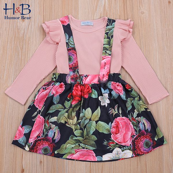 

humor bear baby girls clothing sets winter autumn outfit long sleeve + flower strap dress cute kids children clothes suit, White