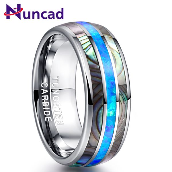 

nuncad 8mm blue opal tungsten carbide rings inlaid natural shells party jewelry gift silver color rings, Slivery;golden
