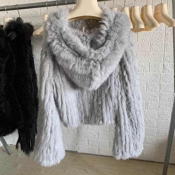 

oftbuy 2020 new autumn winter jacket women real fur coat loose manual weave 100% natural rabbit fur coat hooded flare sleeves t200907, Black