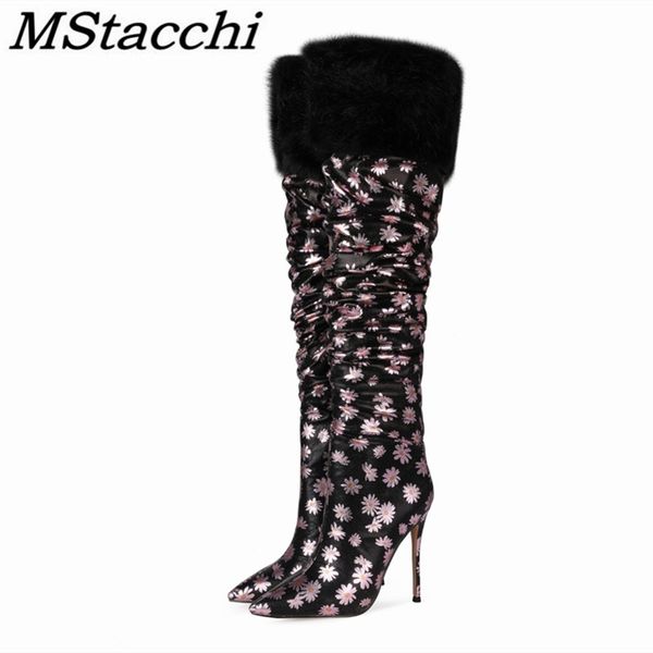 

mstacchi special water cloth lambswool chrysanthemum pattern women long boots new design fashion pointed madam shoes botas, Black