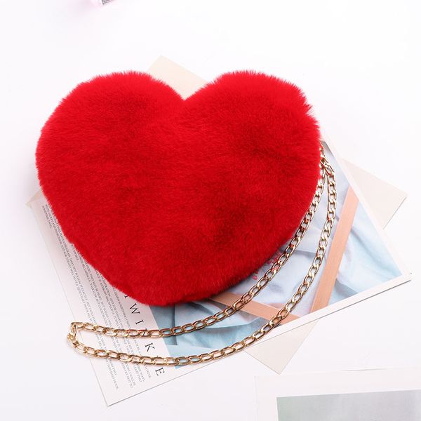 

heart-shaped crossbody bags for women solid color winter faux fur shoulder bags messenger bag small chain ladies handbags