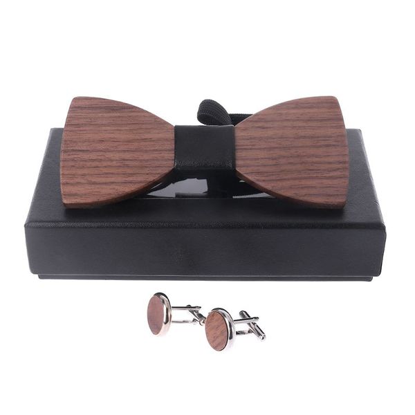 

stylish wedding wooden bow tie cufflinks set men suit tie walnut wood bowties gift box d08e, Black;gray