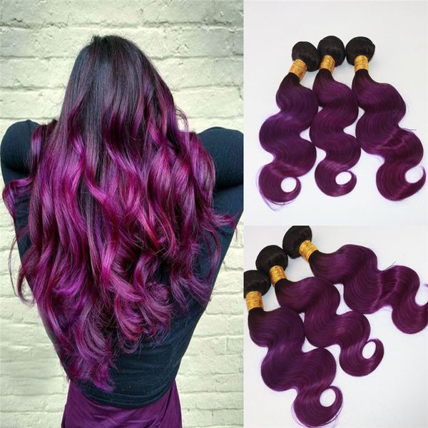 Два тона Omber Extension Extensions Weaves 8a Перуанские девственницы Vevil Pair Vail Wave Bundles Deal # 1B / Purple Real Remy Усиление уточнения волос 100 г