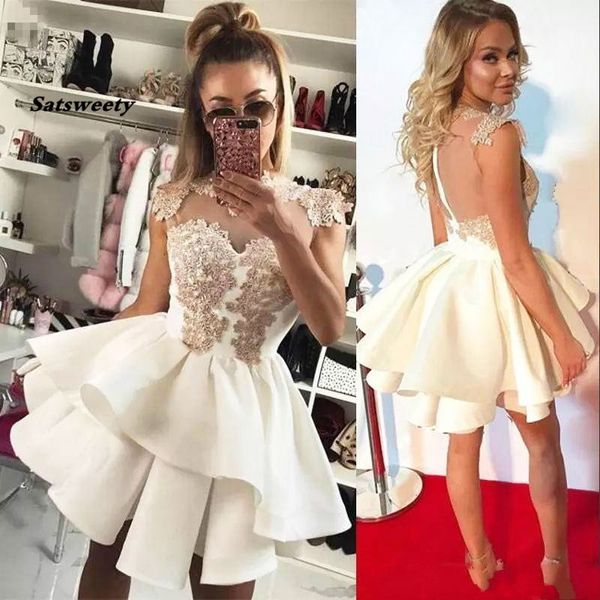 Mütevazı beyaz vestidos de mezuniyet saten aplike balo elbisesi 2023 Arapça ucuz kısa balo elbisesi vestidos de gala kısa