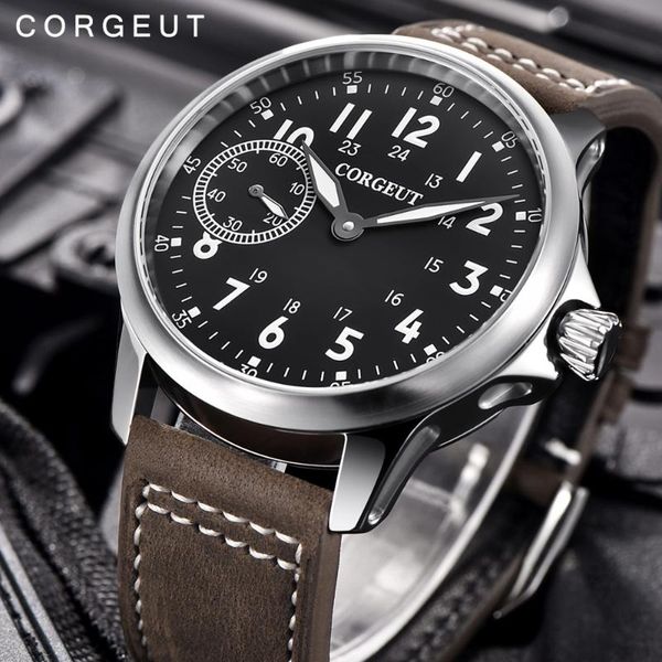 

corgeut men male army sport clock classic sapphire crystal seagull 6497 mechanical hand winding luminous wrist watch, Slivery;brown