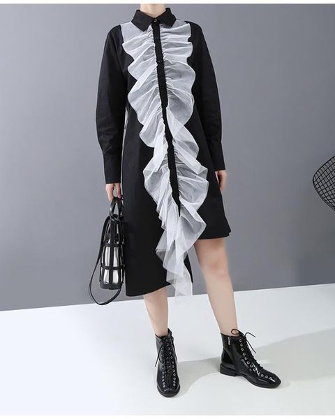 

новая мода с длинным рукавом рыхлого печатной рубашкой платья 200901xf06, Black;gray