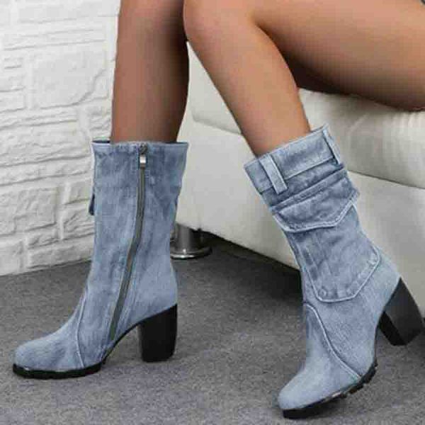 

2020 new jean boots women's mid calf boot zipper high heel woman stylish jeans boots ladies denim boot female shoes, Black