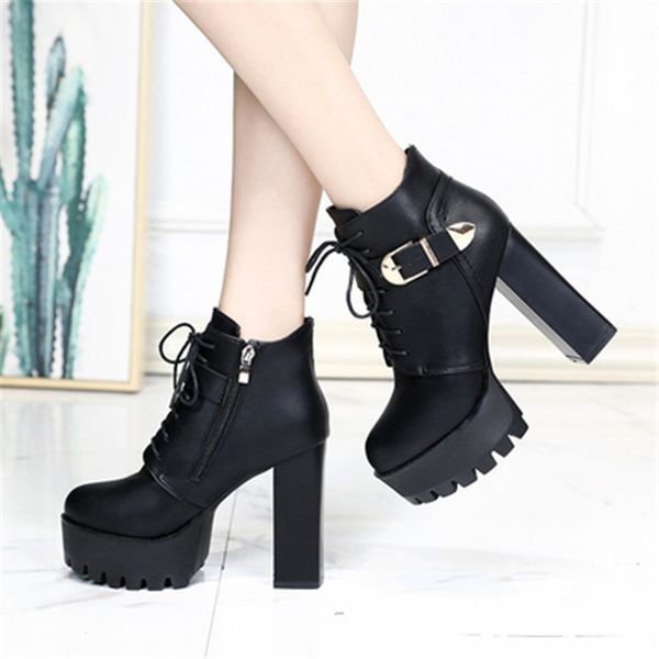 

new women thick soled square heel short boots 2020 spring autumn waterproof platform high heel shoes british style ankle boots, Black
