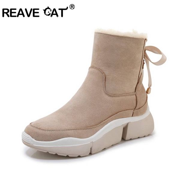 

reave cat women's mid-calf boots genuine leather fur wool round toecow suede snow winter warm boots platform riband size 35-39, Black